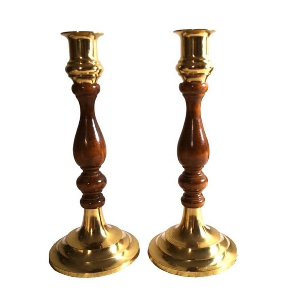 2 Candlesticks Vintage Made of Brass With Wooden Ball in  Brass And Turned Wood Candlestick‎ Holders (Set of 2)